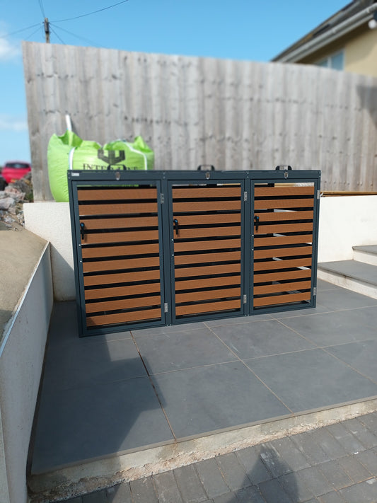 Triple Grey Wheelie Bin Cover – Heavy-Duty Galvanized Steel 3-Bin Storage Unit