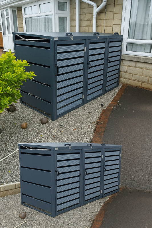 Triple Grey Wheelie Bin Storage – Galvanized Steel Outdoor Cover