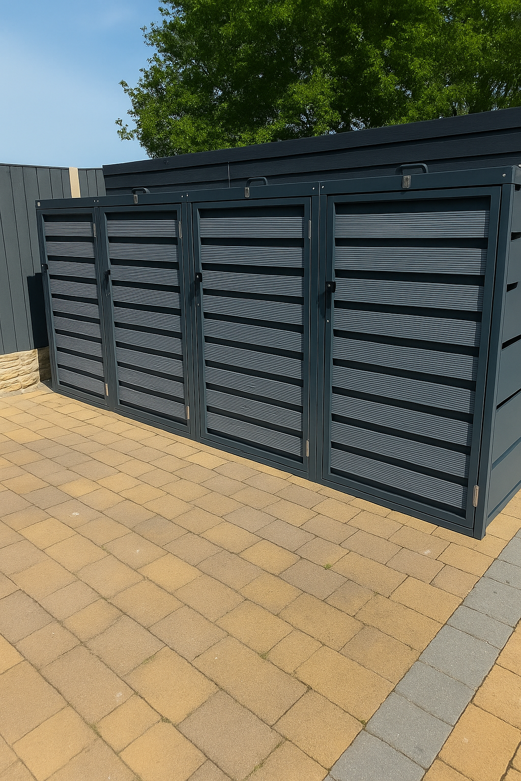 Grey Quad 4-Door Wheelie Bin Storage – Lockable, Galvanized Steel Design