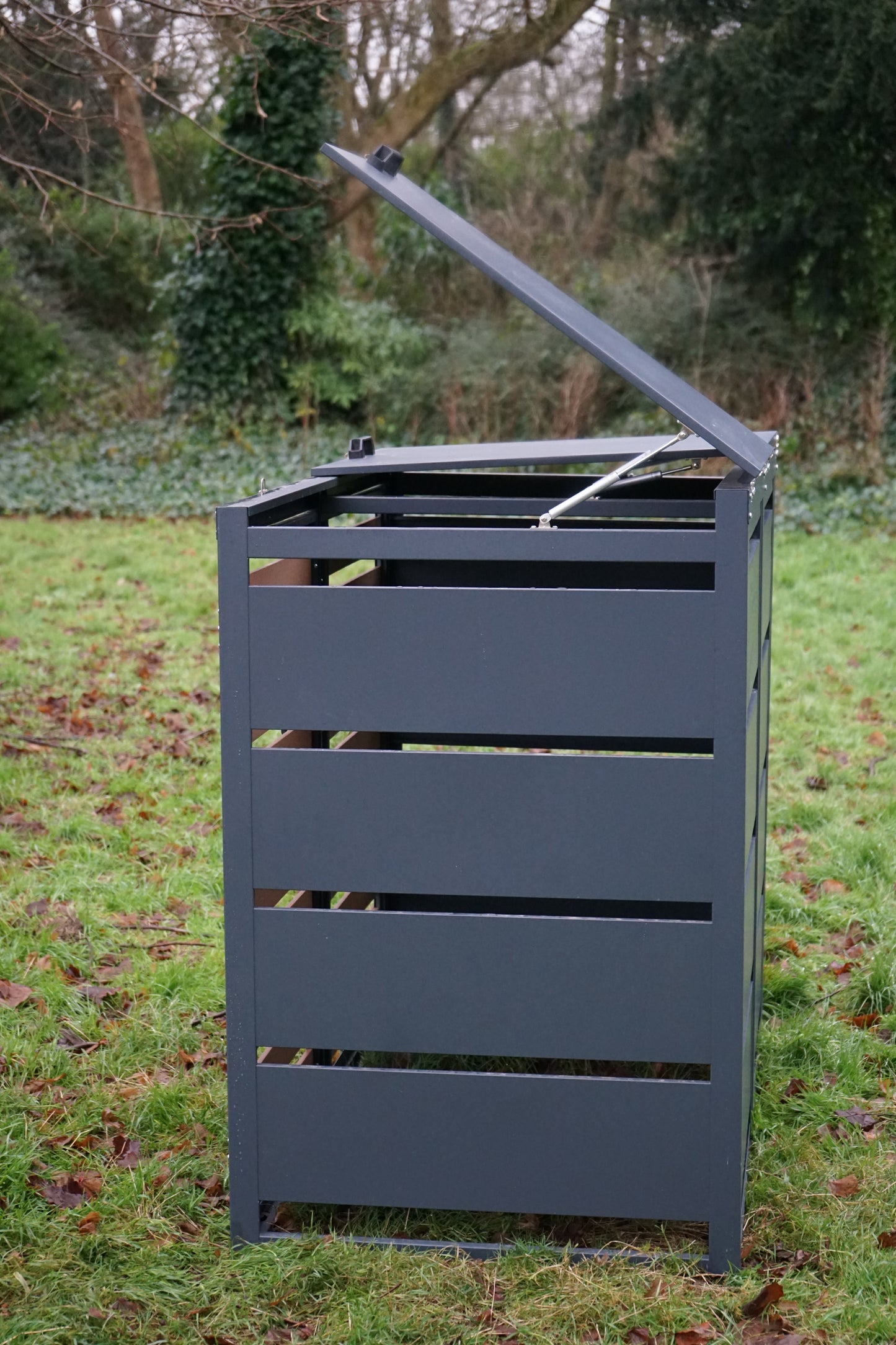 Grey Quad 4-Door Wheelie Bin Storage – Lockable, Galvanized Steel Design