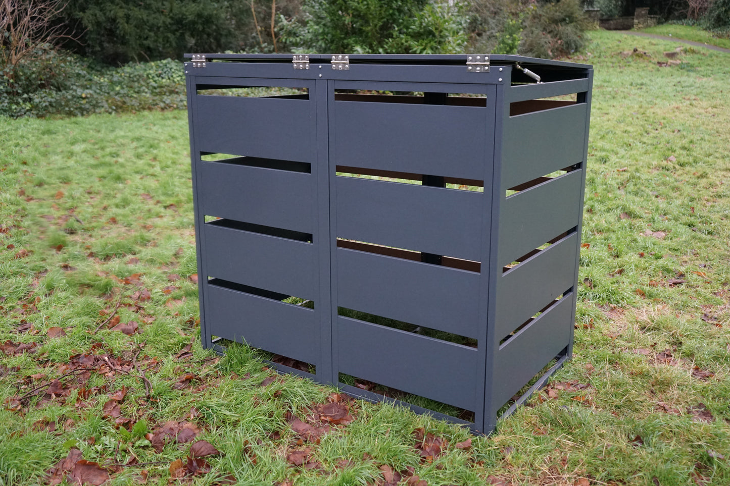 Grey Galvanized Steel Double Wheelie Bin Cover – Heavy-Duty Storage