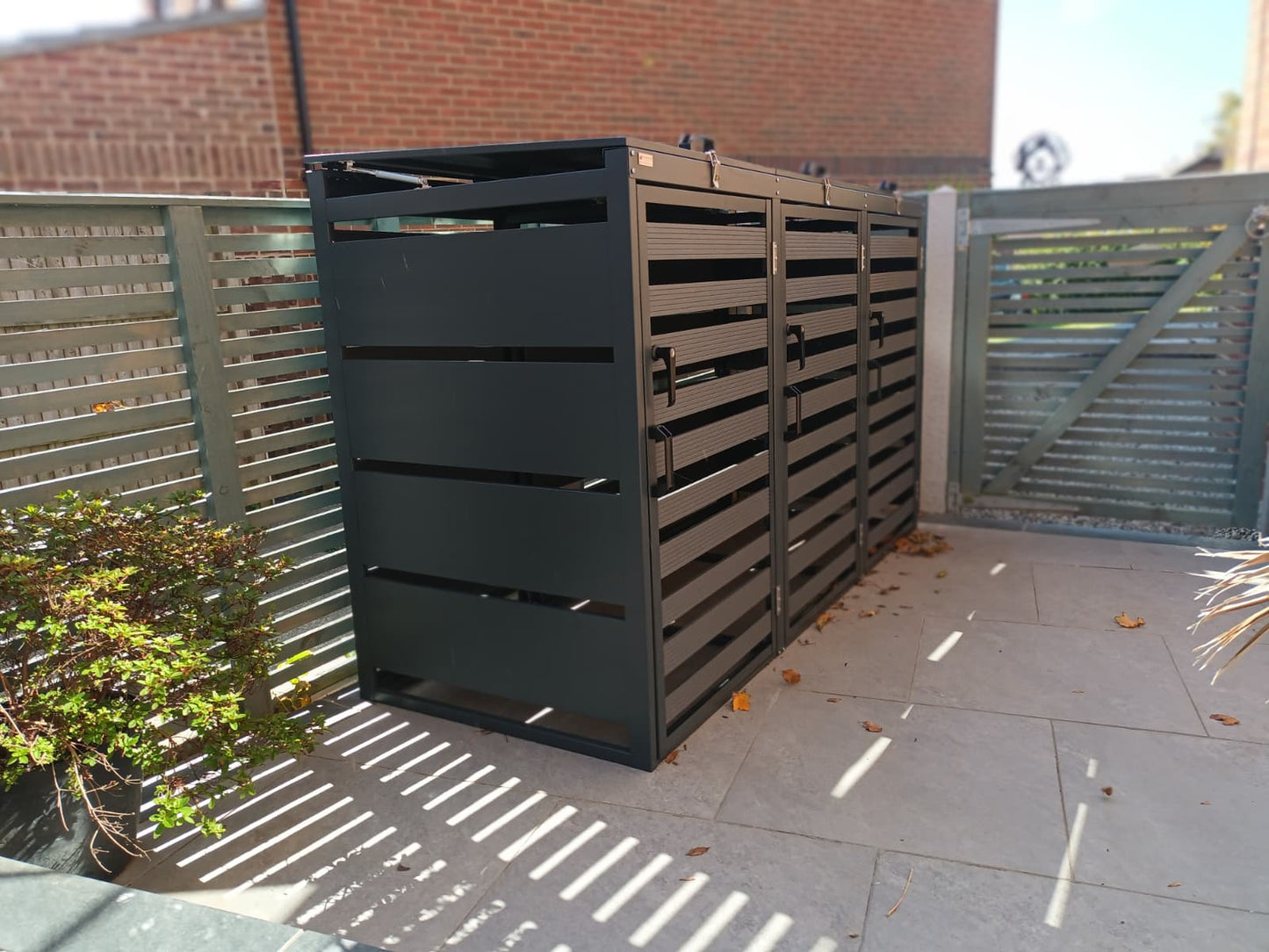 Triple Grey Wheelie Bin Storage – Galvanized Steel Outdoor Cover