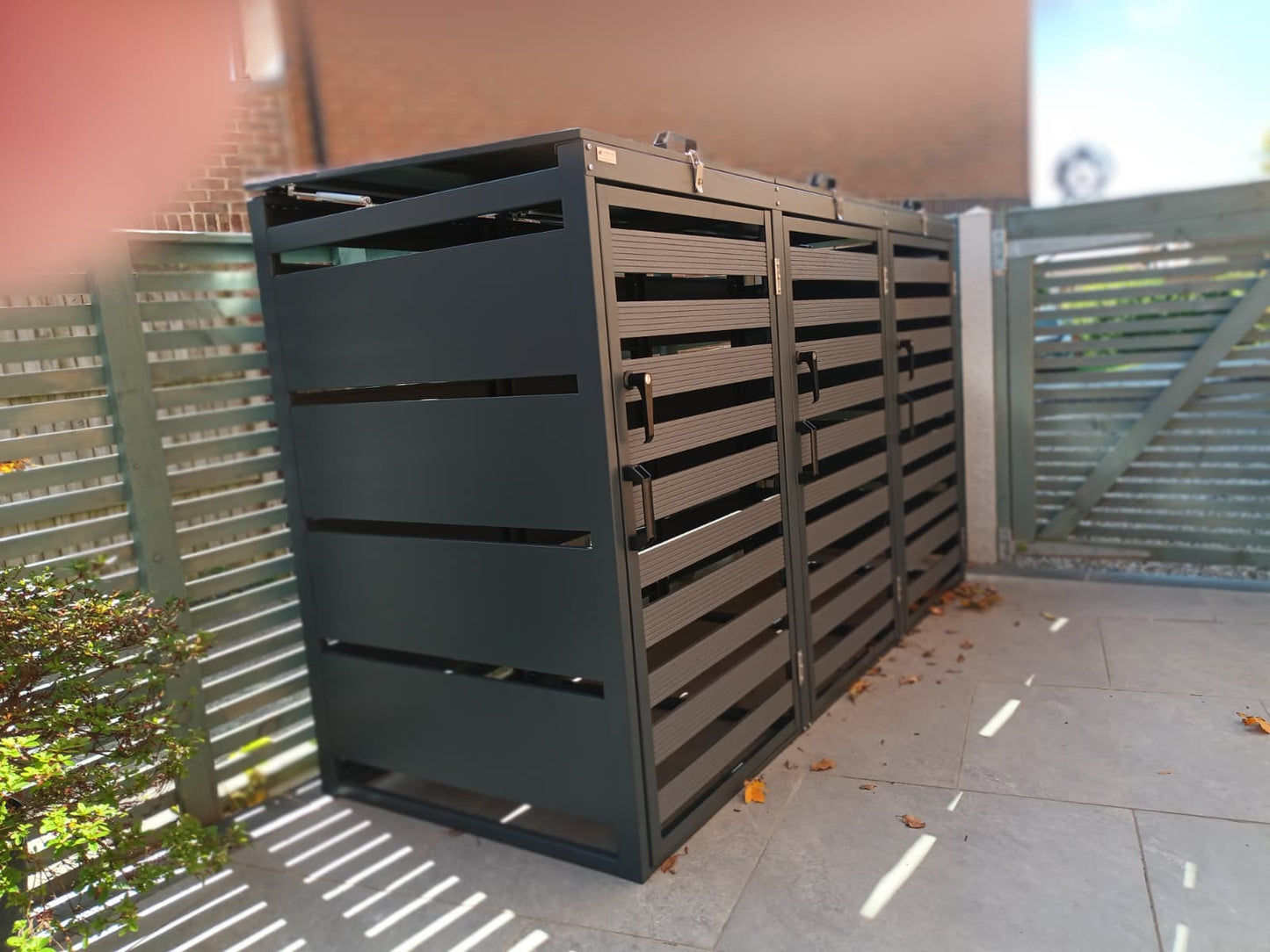 Triple Grey Wheelie Bin Storage – Galvanized Steel Outdoor Cover