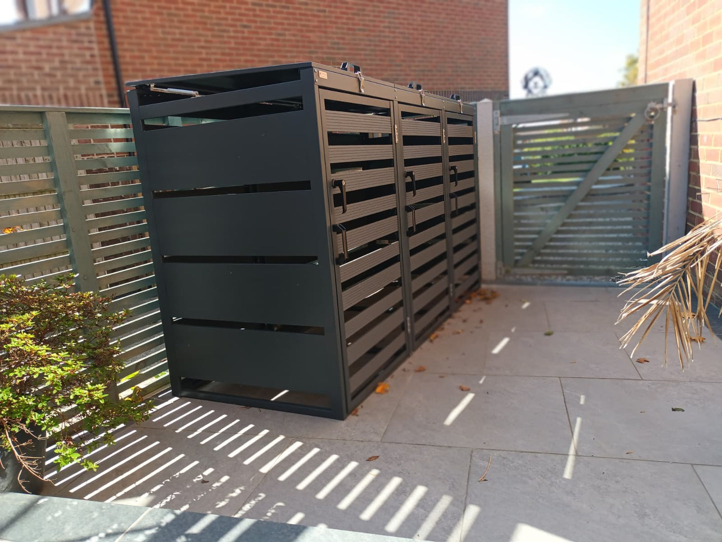 Triple Grey Wheelie Bin Storage – Galvanized Steel Outdoor Cover