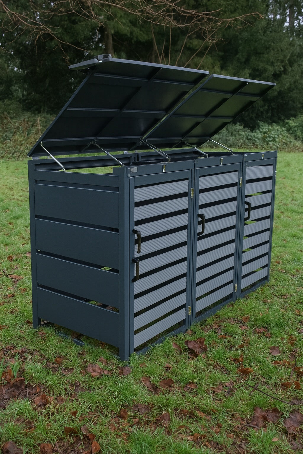 Triple Grey Wheelie Bin Storage – Galvanized Steel Outdoor Cover