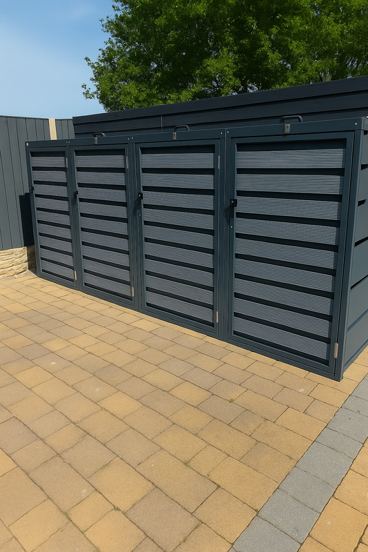 Grey Quad 4-Door Wheelie Bin Storage – Lockable, Galvanized Steel Design